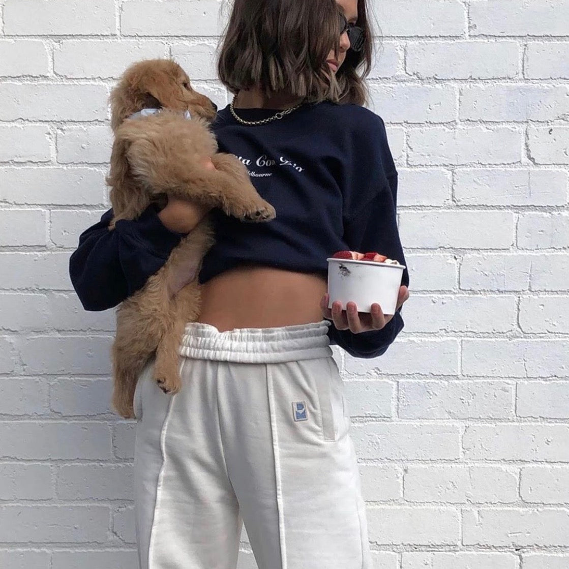 Stylish Woman with Puppy and Acai Bowl
