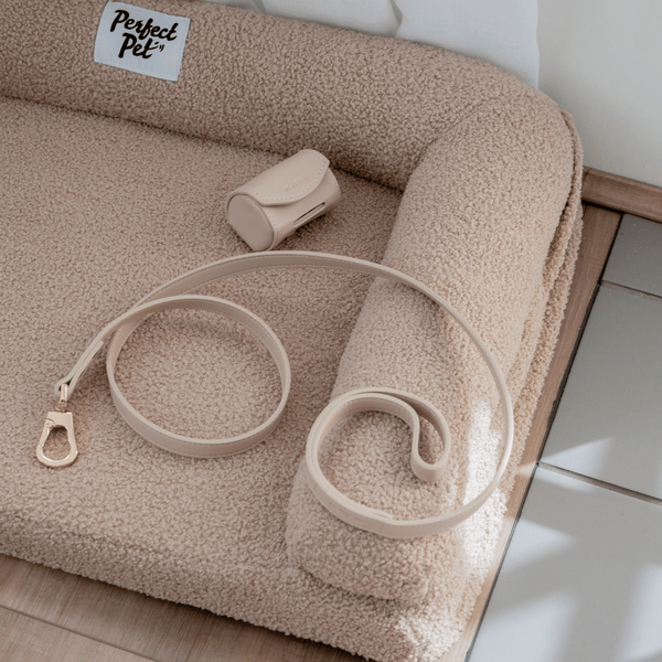 the taupe leash and poop bag holder