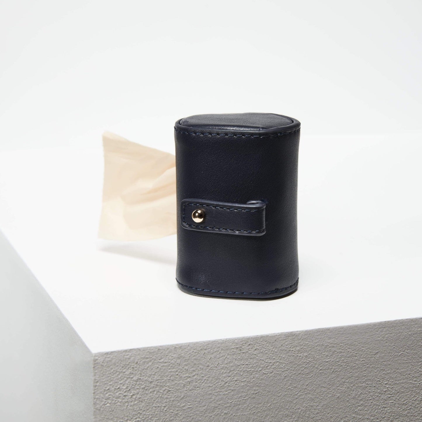 navy blue poop bag holder for dog lead showing back strap