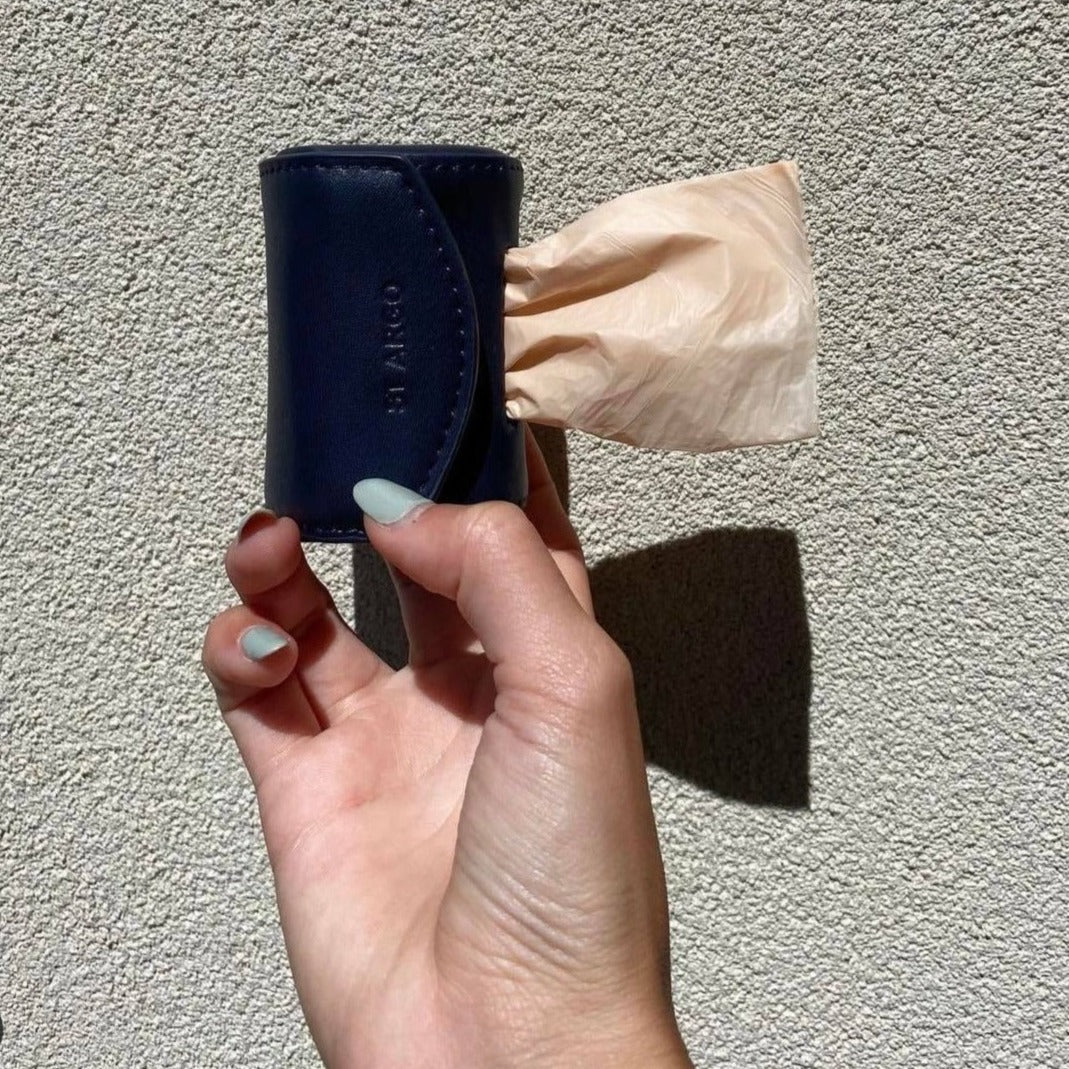 navy poop bag holder vegan leather unedited