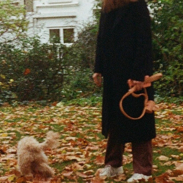 peach vegan leather designer dog lead by ST ARGO  with silver hardware at the park