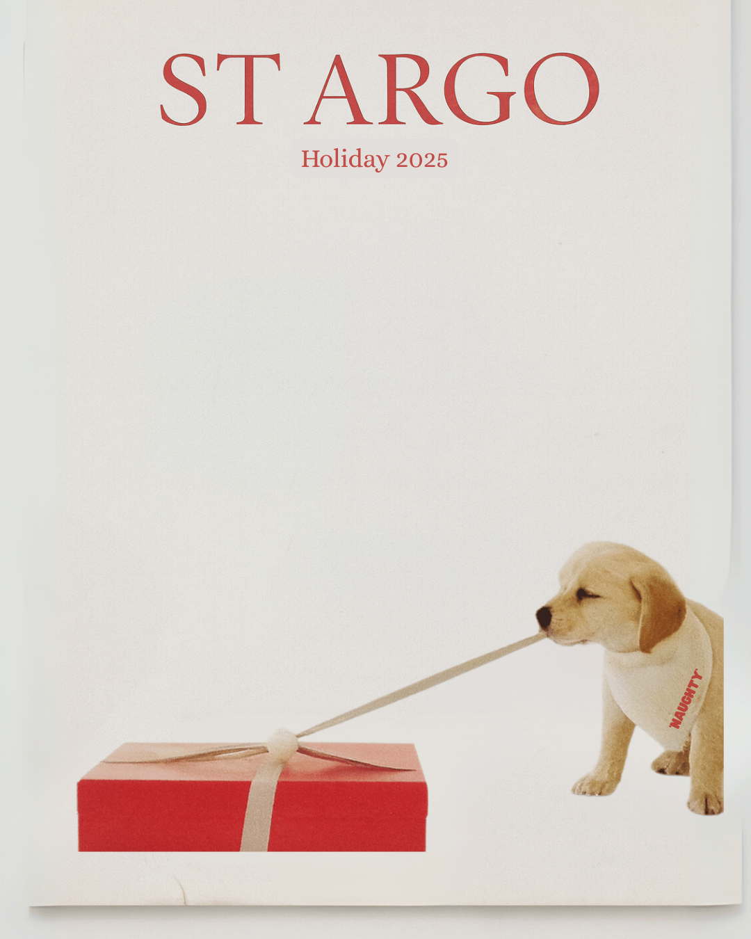 St Argo holiday 2025 calendar with a dog pulling a gift box on a white background