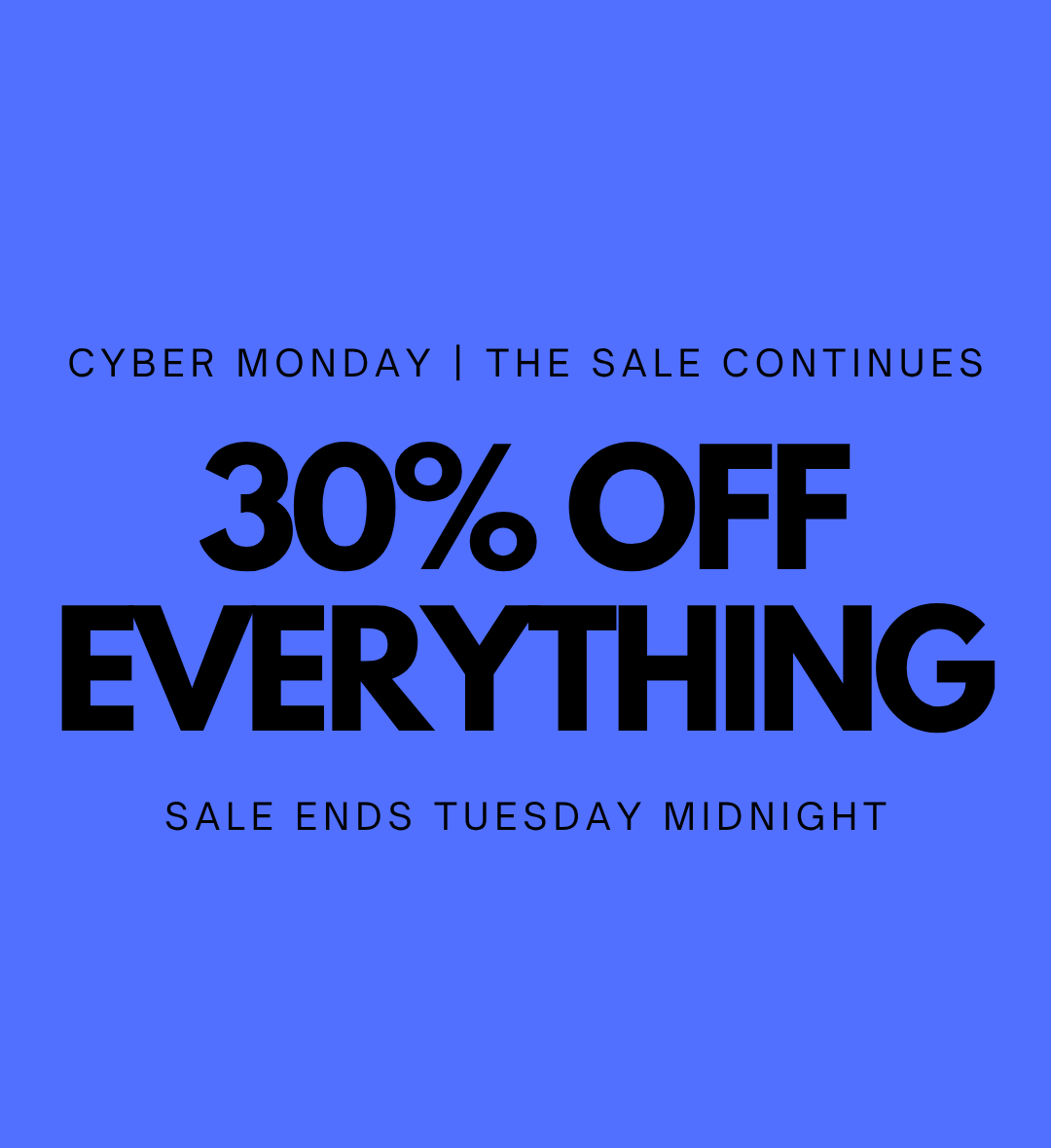 Cyber Monday sale advertisement with text on a blue background