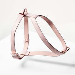Pink leather dog harness on a white background