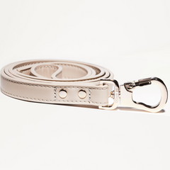 Beige leather dog leash with silver clip on a white background