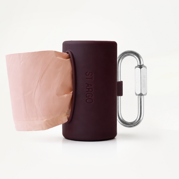 Pocket Dog Waste Bag Dispenser in Burgundy With Clip Side Angle 