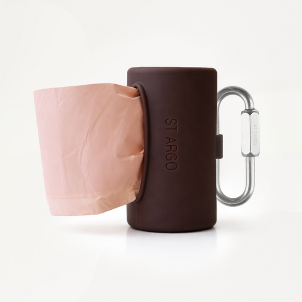 Pocket Dog Waste Bag Dispenser in Cocoa Brown With Clip Side Angle 