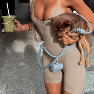 Waste Bag Dispenser for Dogs in Powder Blue with dog owner.