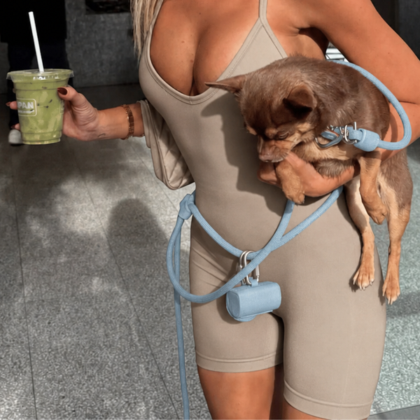 Waste Bag Dispenser for Dogs in Powder Blue with dog owner.