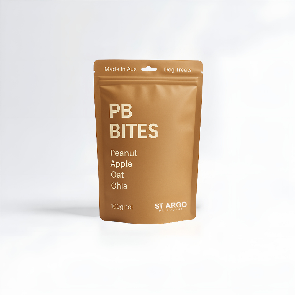 Brown package of St Argo PB Bites dog treats on a white background