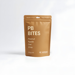 Brown package of St Argo PB Bites dog treats on a white background