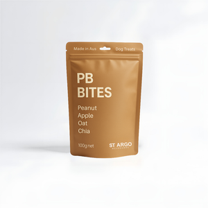 Brown package of St Argo PB Bites dog treats on a white background