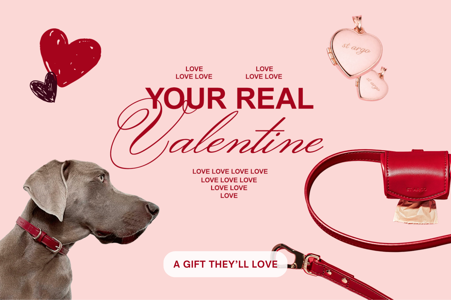 Dog with red collar and leash on pink background with 'Your Real Valentine' text and heart shapes.