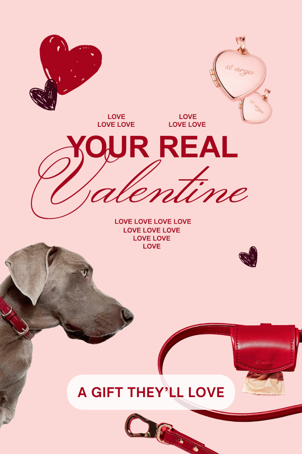 Valentine's Day-themed product advertisement with a dog, red handbag, and perfume bottle on a pink background.