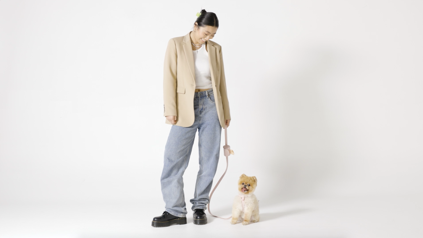 stylish woman with her dog in pale pink collar and lead