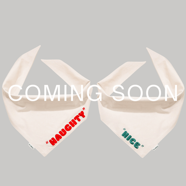 Two cream-colored bandanas with 'Naughty' and 'Nice' text on a gray background.