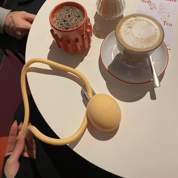 butter yellow treat pouch on coffee table