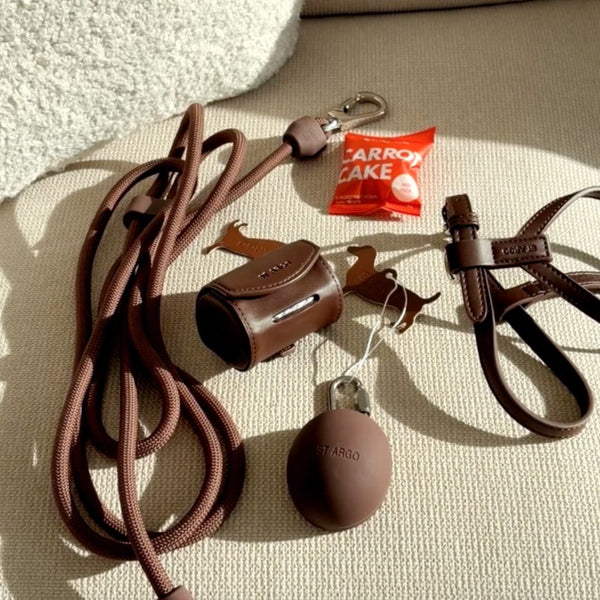 A set of brown leather and fabric accessories laid out on a textured beige surface, including a hands-free lead, a cocoa poop bag holder & carrot cake mini treats.