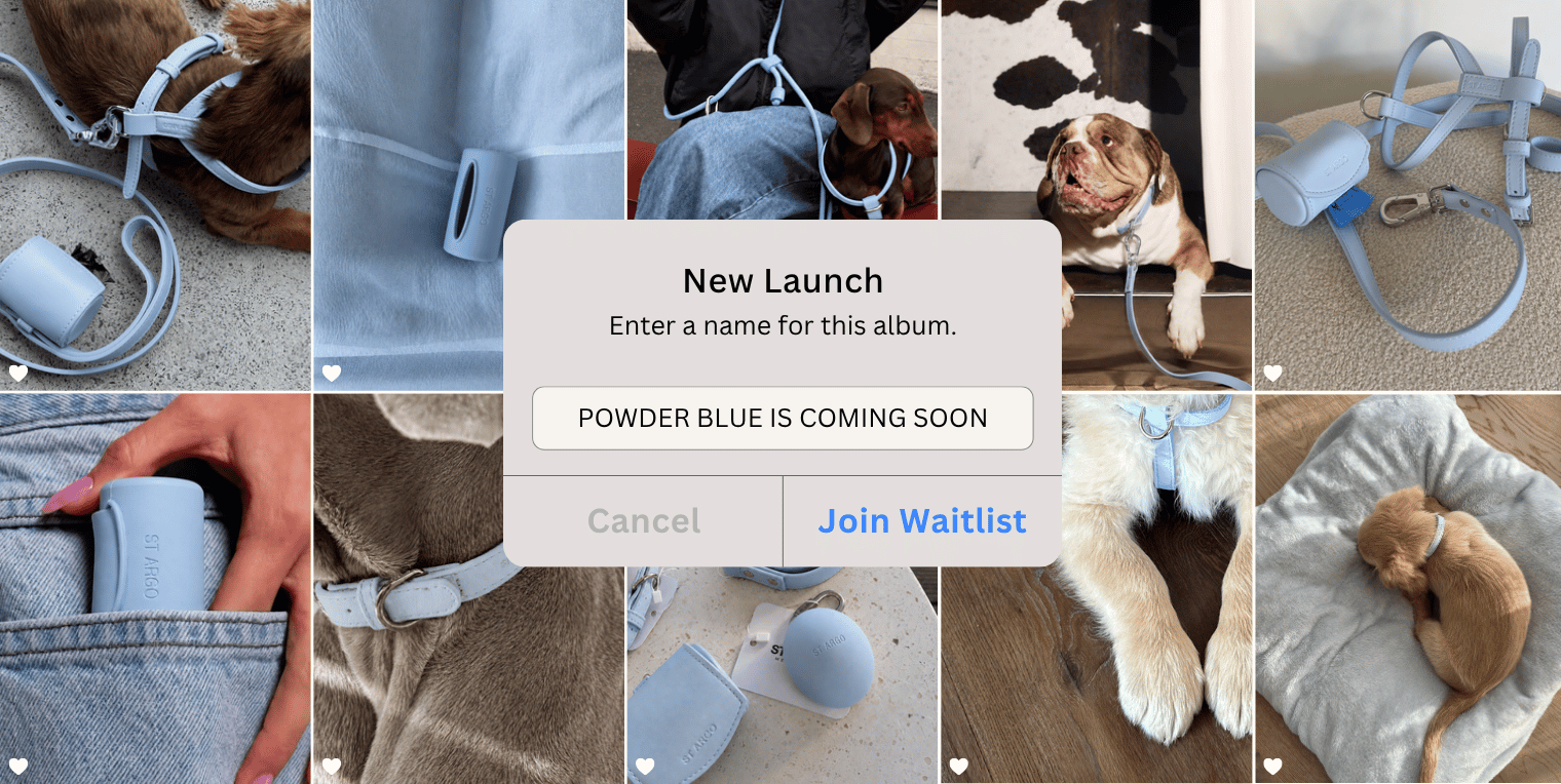 A collage of multiple lifestyle photos showing a pet product in a soft powder blue color, including a dog harness, leash, small bag, and pet bed, with a central overlay that says 'New Launch' and 'Powder Blue is Coming Soon'.