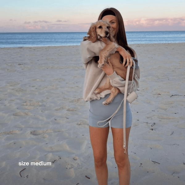 a cocker spaniel pup wears the medium walk set to grow into