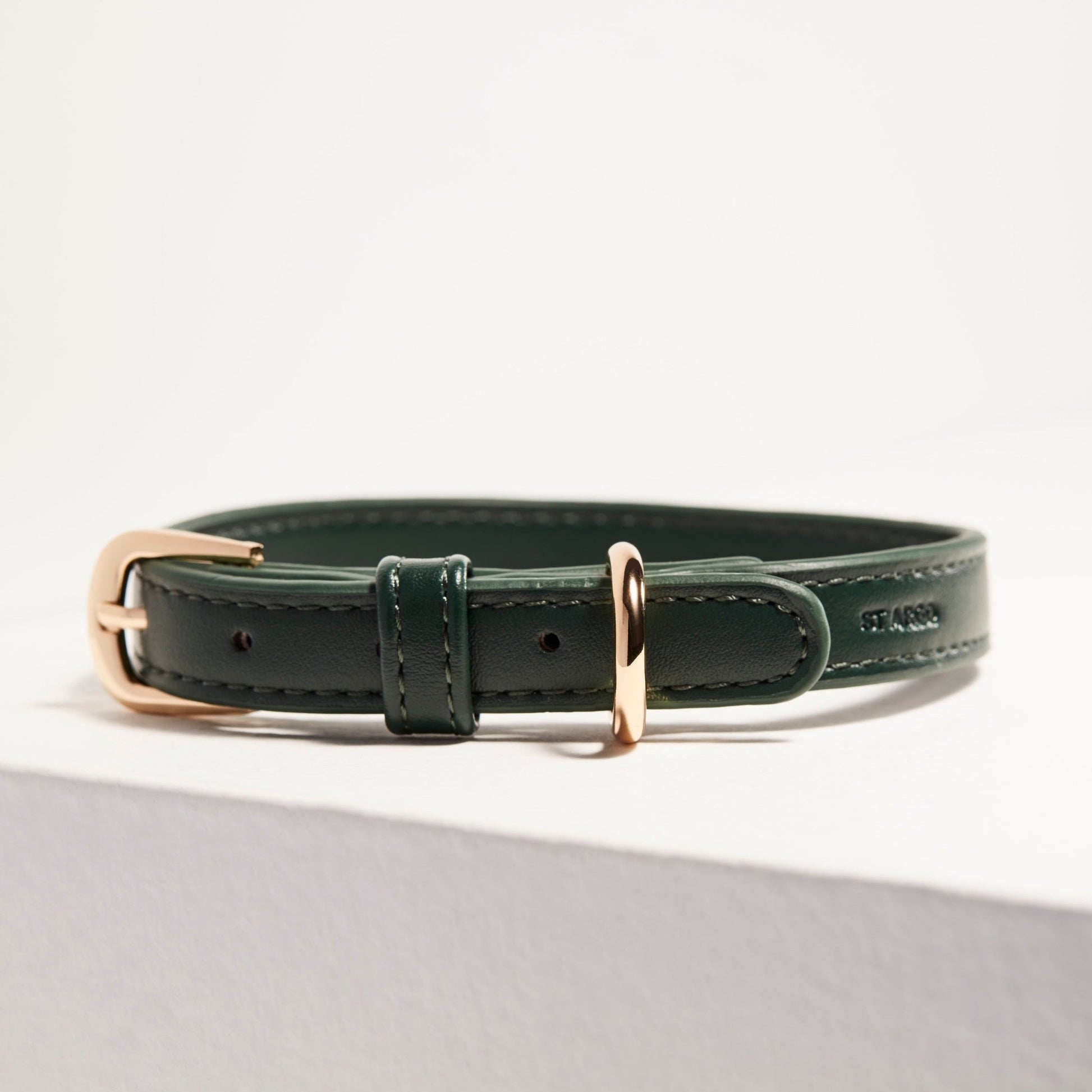 Bottle green vegan leather dog collar by ST ARGO with high quality durable custom gold hardware