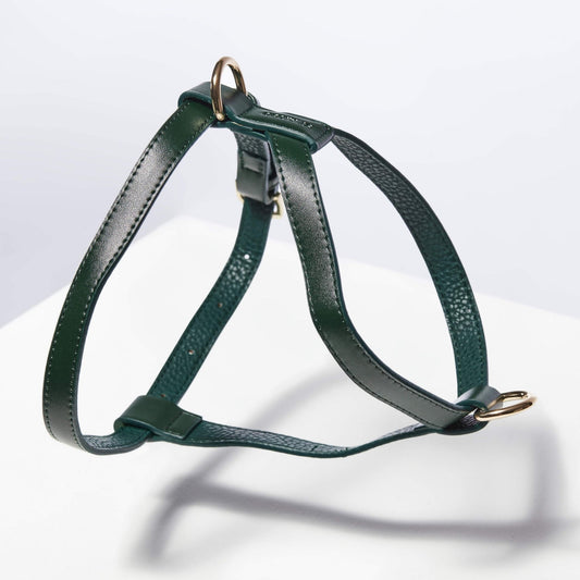 ST ARGO vegan leather best-selling bottle green harness with gold hardware. High quality finishes.