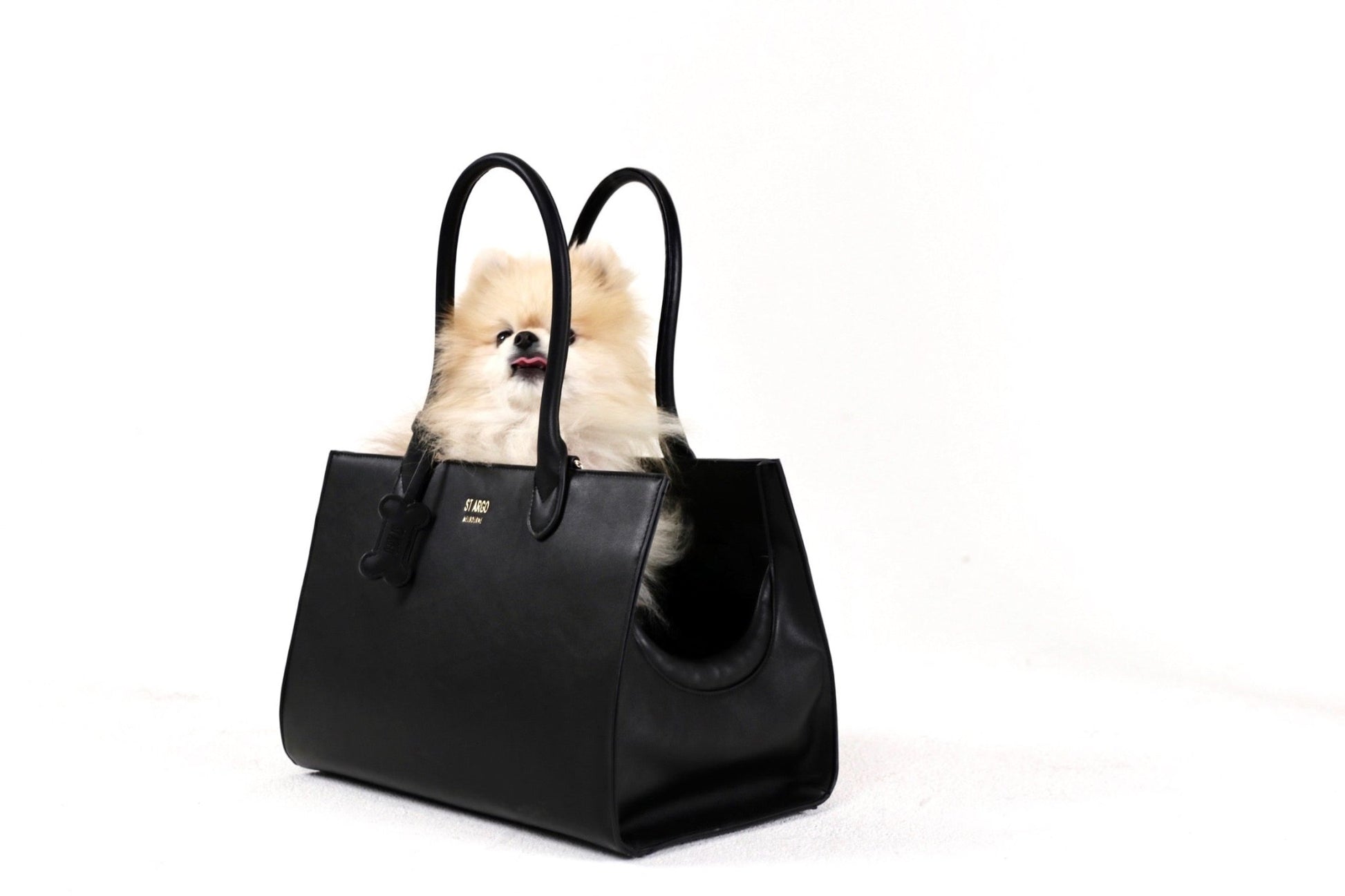 Black LOLA designer dog carrier in vegan leather with pomeranian