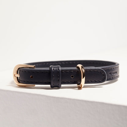 Navy blue vegan leather dog collar by ST ARGO with durable high quality designer customised hardware in light gold