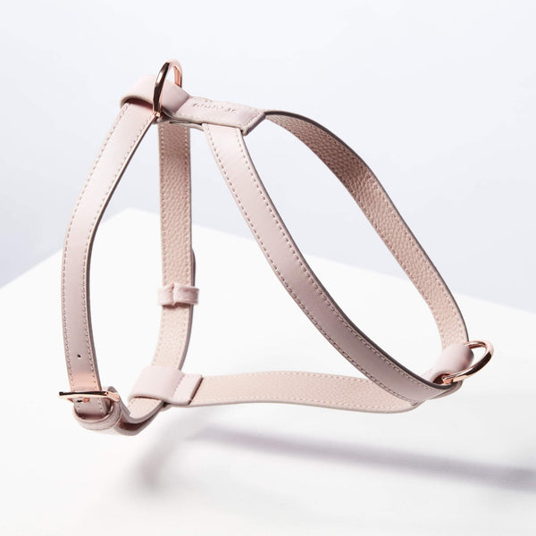 ST ARGO Pale Pink Vegan Leather Designer Dog Harness. Photo taken in a studio against a white backdrop.