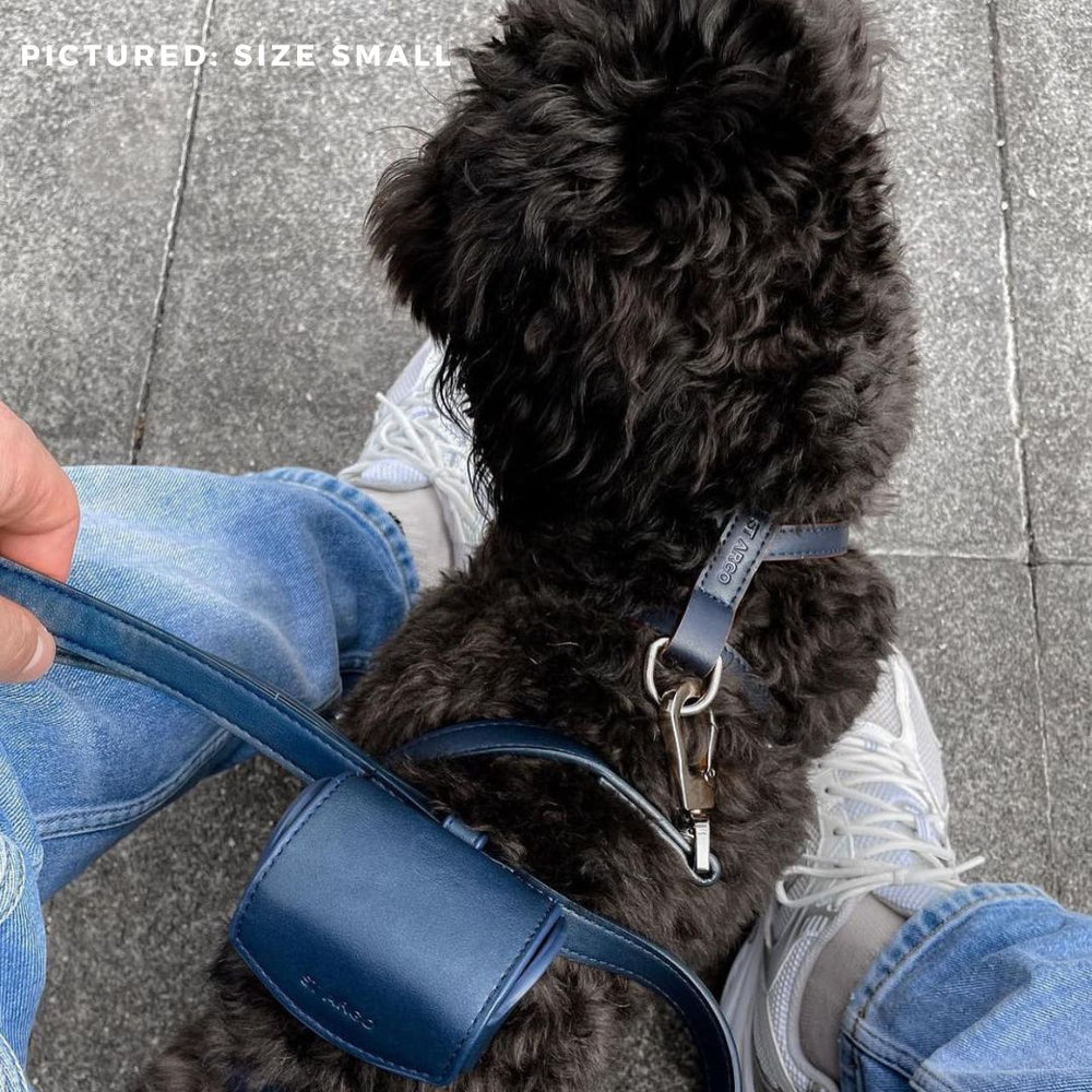 ST ARGO navy dark blue vegan leather harness dog walk set kit. Waste bag dispenser, luxury dog harness and dog leash.