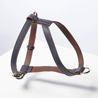 ST ARGO Navy Vegan Leather Dog Harness with high quality finishes. Shot in a studio against white backdrop.