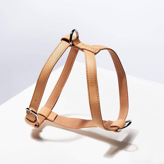 ST ARGO pastel peach vegan leather dog harness with silver hardware. Luxuriously shot in a studio against a white backdrop.