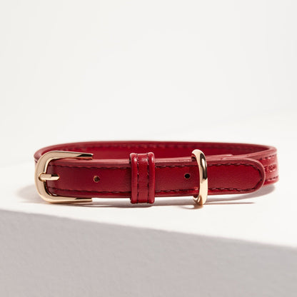 ST ARGO ruby red buttery soft vegan leather dog collar with gold hardware designer luxury dog accessory