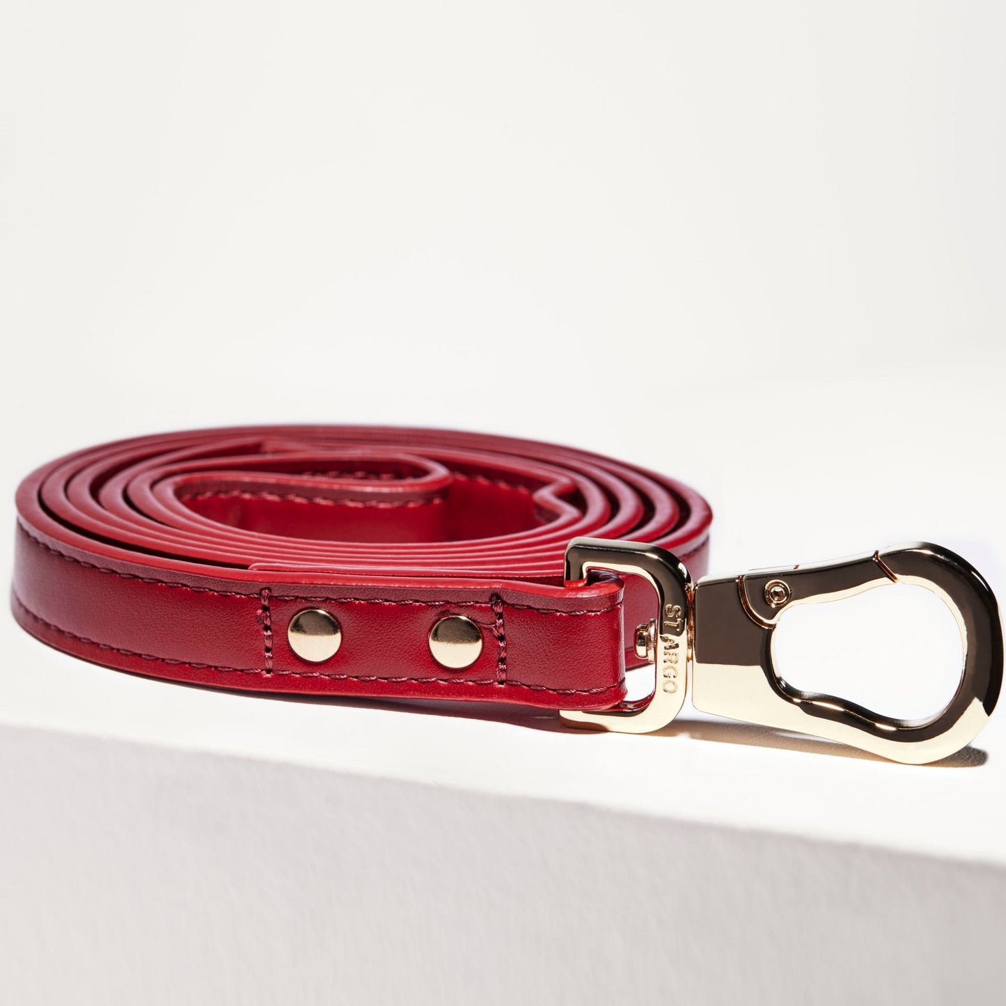 Ruby red vegan leather dog lead with gold hardware