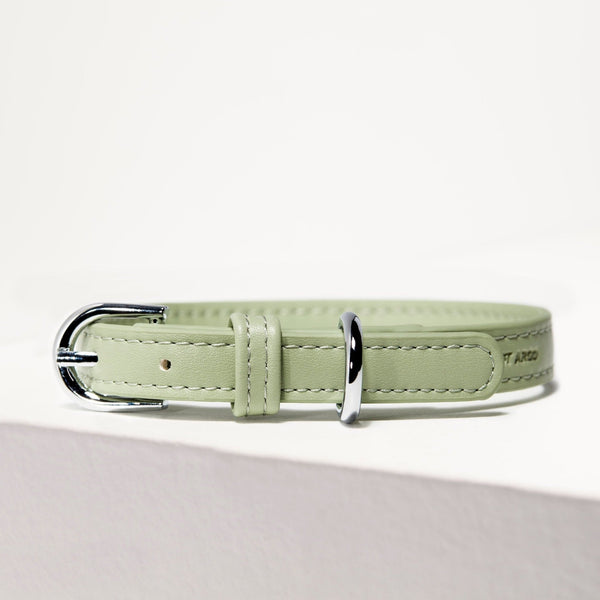 Sage vegan leather dog collar with silver hardware by ST ARGO. Designer dog accessories Australia