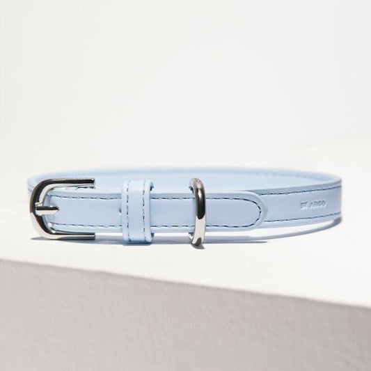 ST ARGO pastel pale ice blue vegan leather high quality durable dog collar with silver hardware.