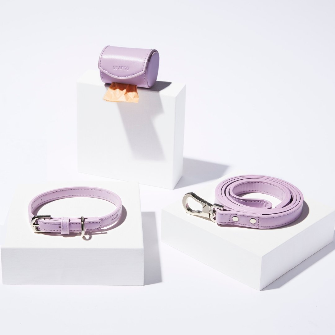 ST ARGO vegan leather lilac lavender purple pastel dog collar walk set with collar, lead and poop bag dispenser.
