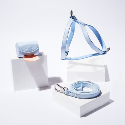 ST ARGO soft pastel blue vegan leather harness dog walk set kit. Waste bag dispenser, luxury dog harness and dog leash.