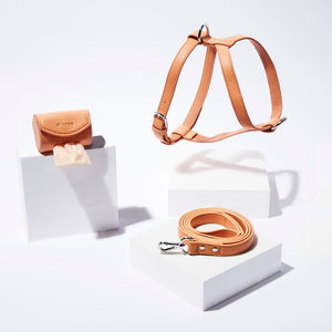 ST ARGO peach vegan leather harness dog walk set kit. Waste bag dispenser, luxury dog harness and dog leash included.