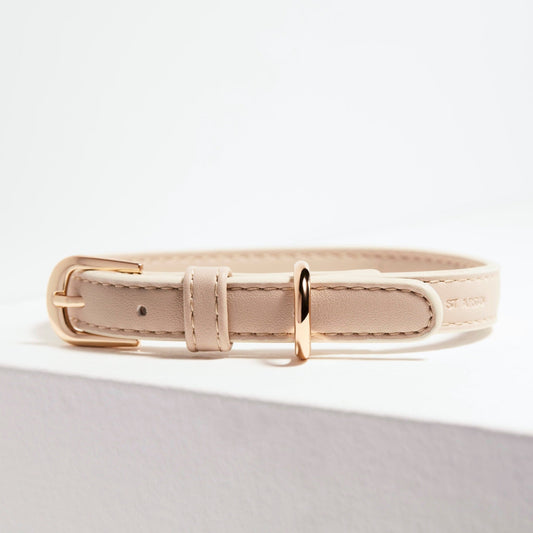 St Argo Taupe Beige Neutral Vegan Leather Dog Collar with High Quality Durable and Custom Gold Hardware.